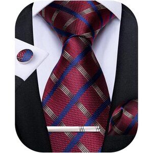 🆕Men Red Plaid Silk Checkered Necktie Pocket Square Cufflinks Tie Clip Set